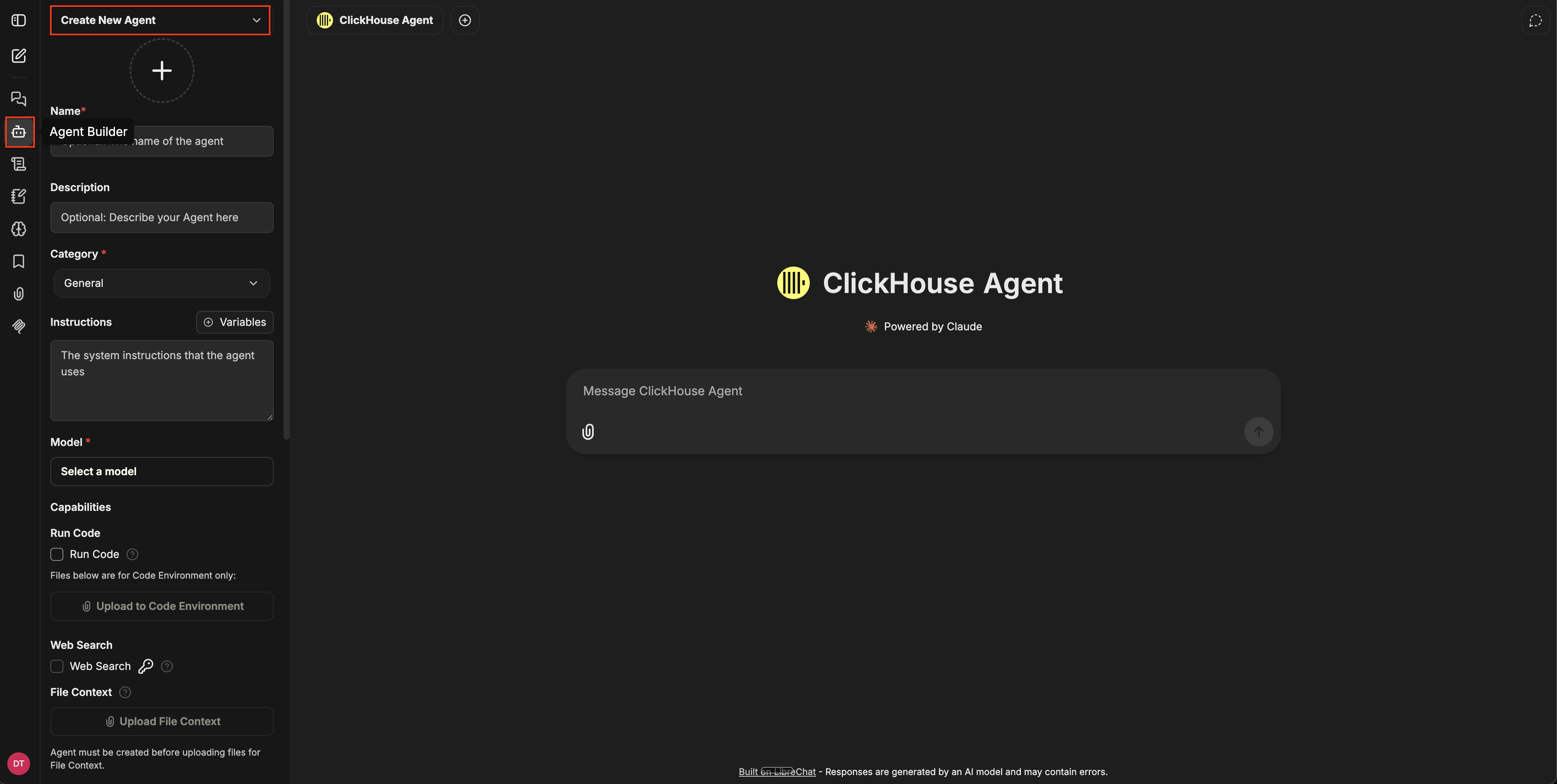 Agent Builder panel showing the Create New Agent dropdown, the form fields (Name, Description, Category, Instructions, Model), and the Capabilities section