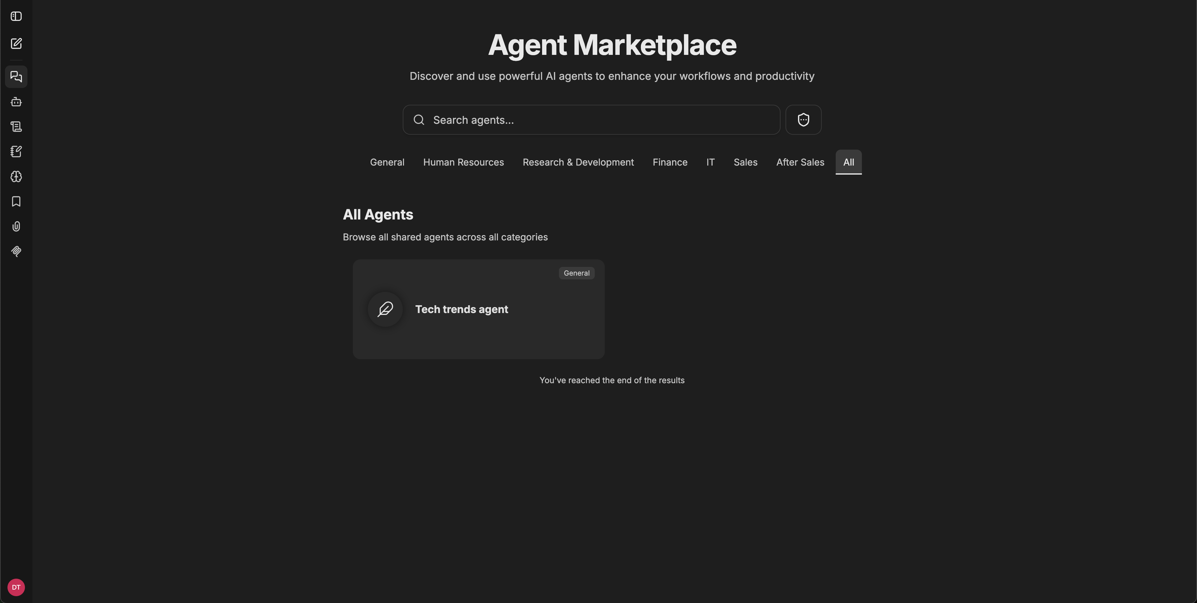 Agent Marketplace view with the title, search bar, category tabs (General, Human Resources, Research and Development, Finance, IT, Sales, After Sales, All), and an agent card visible
