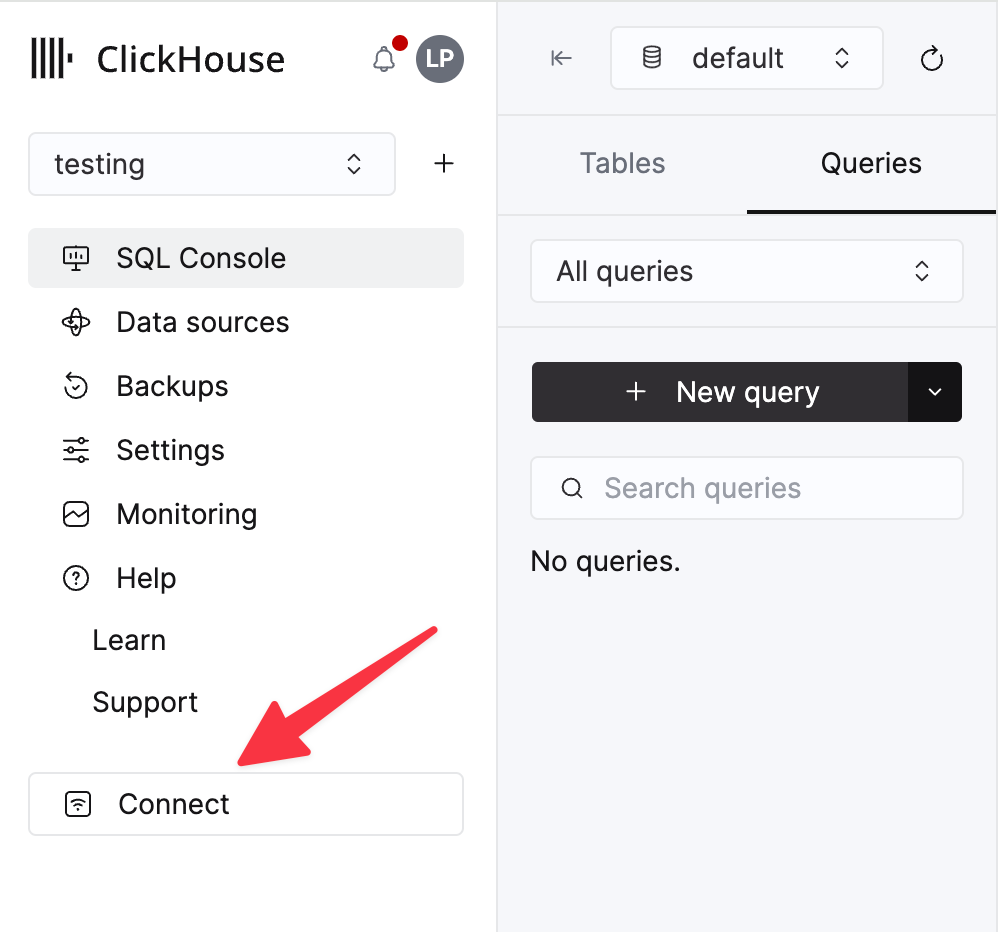 ClickHouse Cloud 콘솔에서 Connect 버튼의 �위치