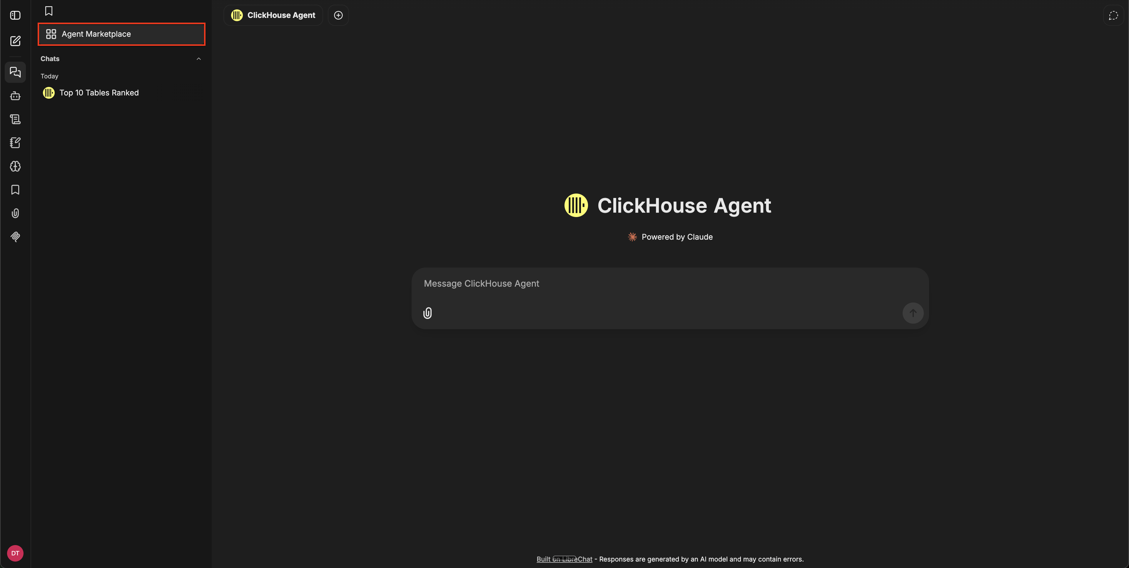 Chat surface with the Agent Marketplace option highlighted in the left sidebar
