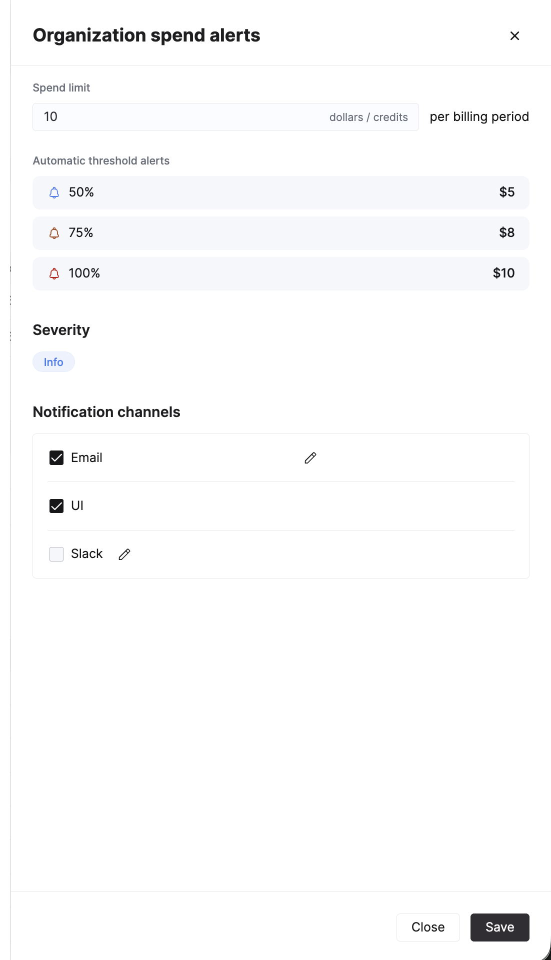 Organization spend alerts dialog with spend limit, automatic threshold alerts, and notification channels