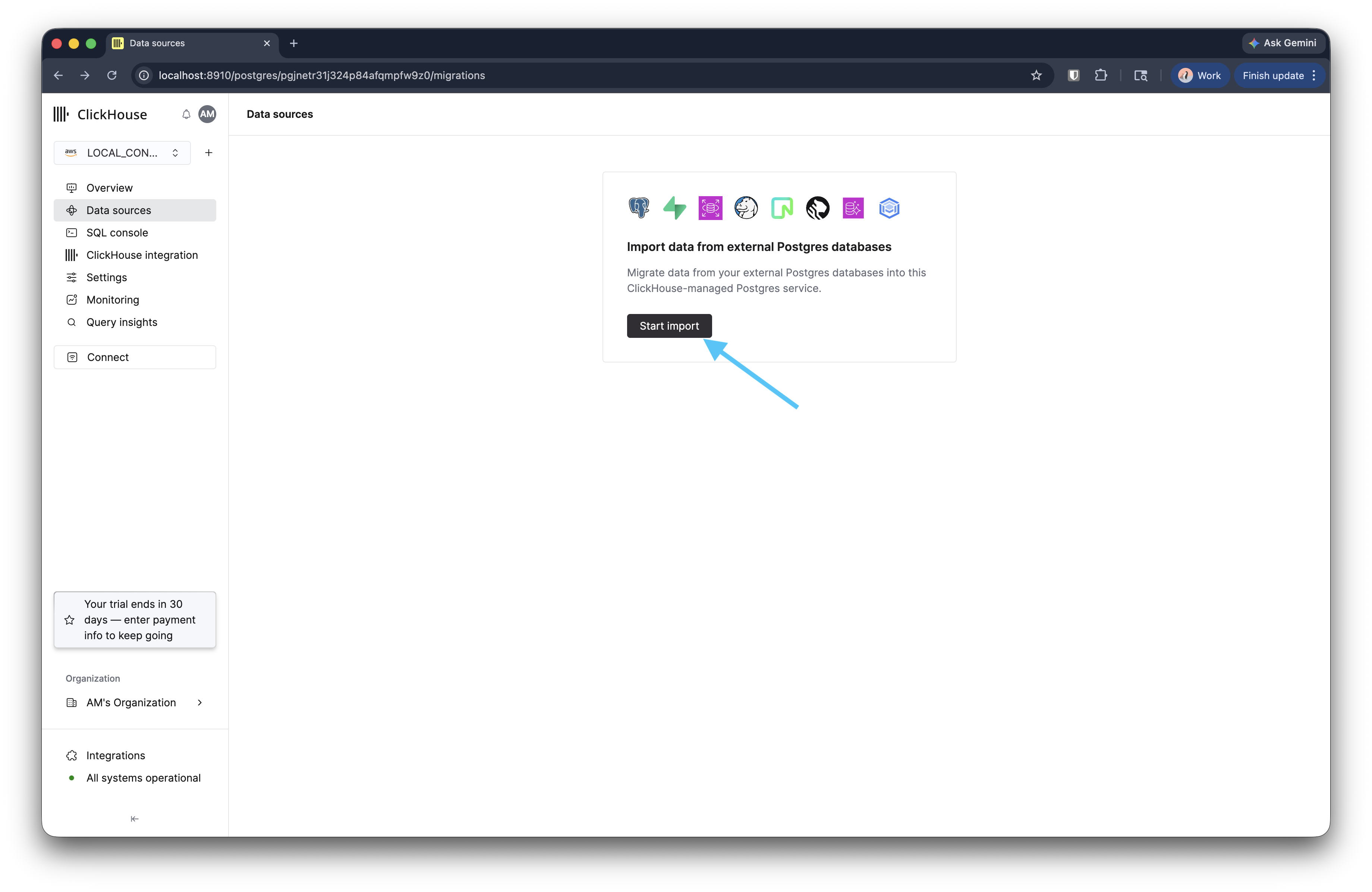 Data sources page with Start import button