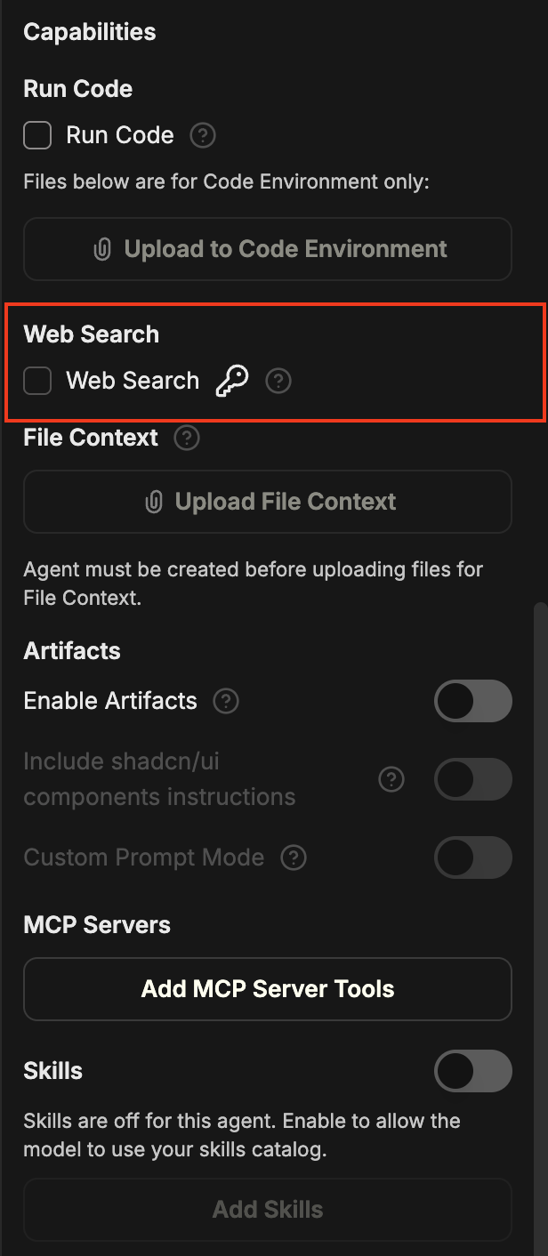 Capabilities panel with the Web Search section highlighted, showing the Web Search checkbox